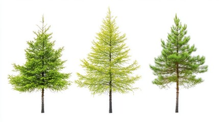 Triad of Larch Trees Showcasing Seasonal Beauty Isolated on White Background