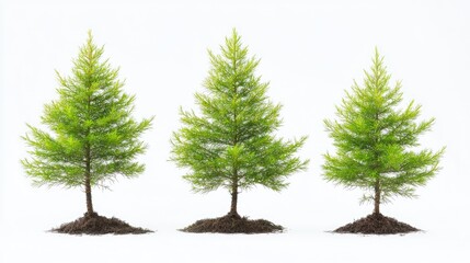 Trio of Larch Trees in Distinct Stages, Isolated on Crisp White Background - A Celebration of Nature's Evergreen Beauty