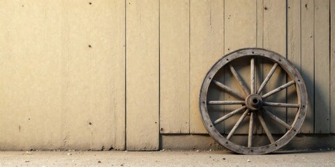 Obraz premium Rustic wooden wagon wheel rests against weathered pale wood planks creating a vintage pastoral scene