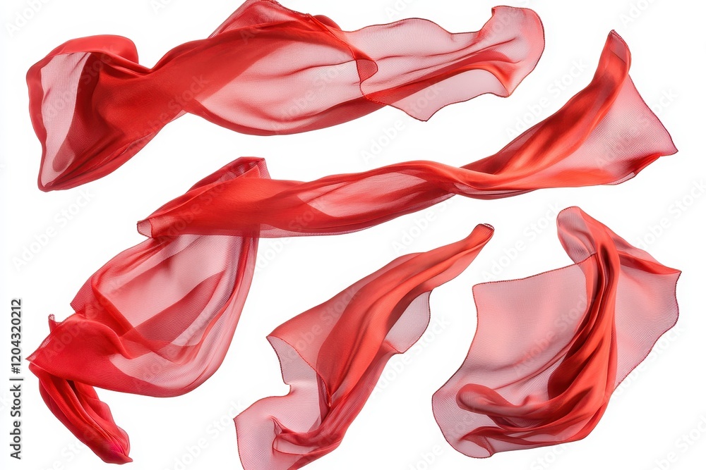 Poster set of floating elegant red fabrics isolated on white background