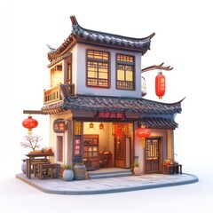 3d street view house, Chinese architecture, winter street, New Year atmosphere, cute, white background