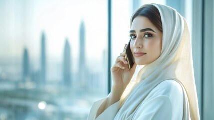 Fototapeta premium Professional woman in traditional attire with city backdrop. International Women's Day