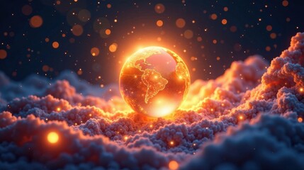 Illuminated Orb Rests Atop a Glowing Frost Landscape, Embers Dance in the Air