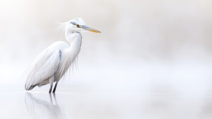 Obraz premium Elegant white heron wading in calm, shallow water, reflected in the surface.