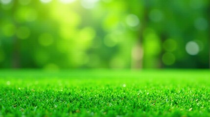 Vibrant Green Grass in a Sunny Meadow with a Softly Blurred Background of Lush Foliage