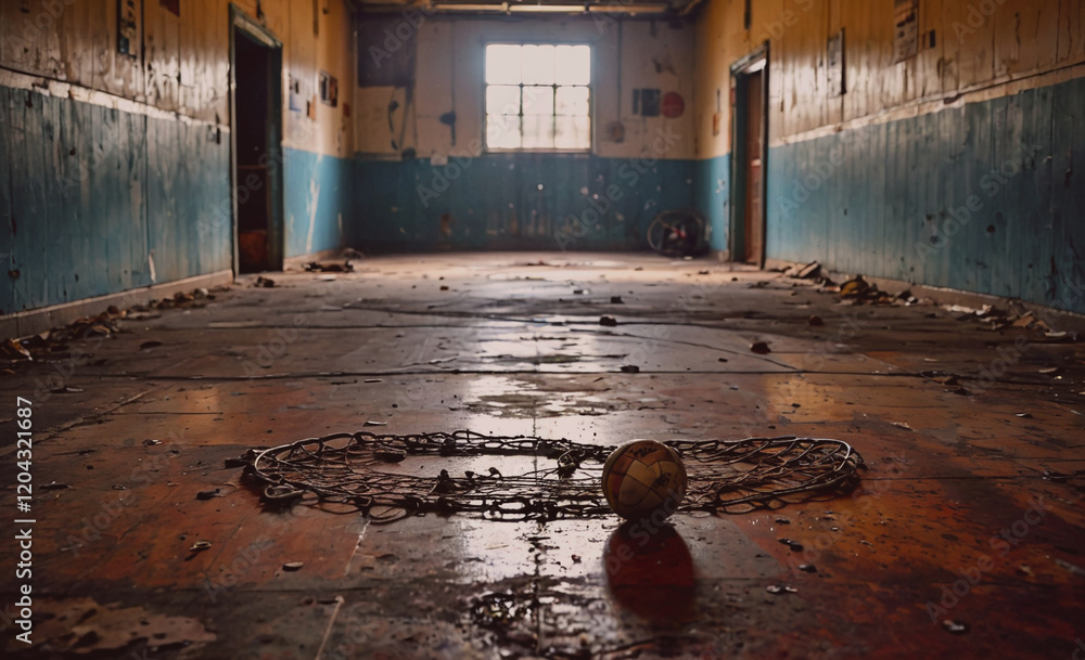 Poster a soccer ball is sitting on the floor in a room with a chain around it. the room is dirty and has a 