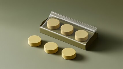 Minimalist display of round soap bars with packaging on muted background