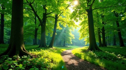 Sunlit Pathway Through a Lush Green Forest Canopy, Serene Nature Scene with Sunlight Beams and Vibrant Foliage