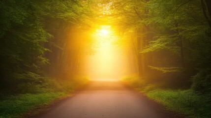 Path through a forest lit by golden light