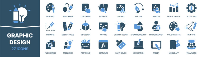 Graphic design colored signed icon collection. Painting, tools, creative, vector, picture icons. UI icon set. Colored icons pack. Vector illustration EPS10