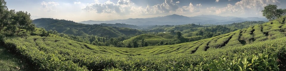 Fototapeta premium Lush Tea Plantation Landscape in the Highlands: Embracing Nature's Green Herbage and Indian Serenity