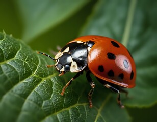 Fototapeta premium Ladybug on Green Leaf: A Close-Up Macro Photograph