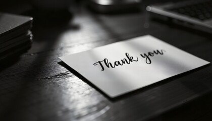 Elegant thank you card in monochrome on wooden desk, conveys gratitude and appreciation