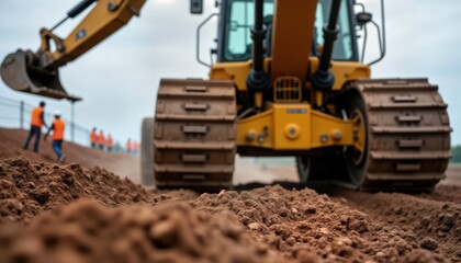 Obraz premium Heavy machinery lifts dirt load. Workers wear safety vests. Construction site operation. Earthmoving equipment moves material. Foundation preparation. Grading project. Powerful machines work on
