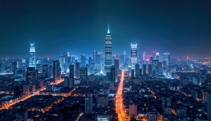 Fototapeta premium Panorama view of modern Asian city at night. High rise buildings glow with lights. Roads crisscross cityscape. Smart city tech, metaverse concepts implied. Urban development, futuristic design
