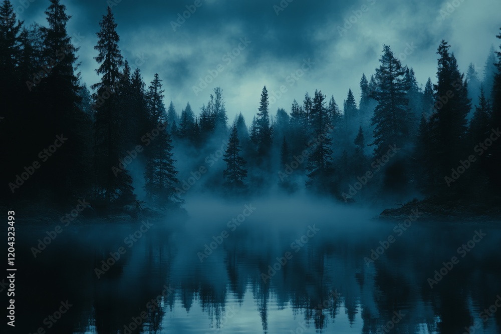 Poster pine forest reflecting in a misty lake at night, creating a mysterious and evocative atmosphere