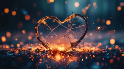 Broken glass heart illuminated by warm light