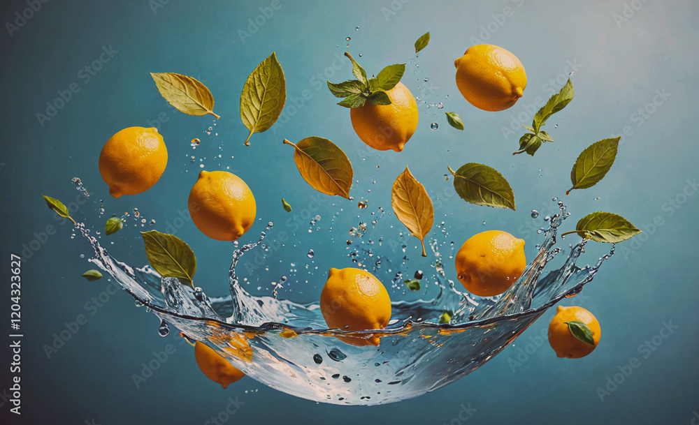 Poster a bowl of lemons and leaves is splashing in water. the image has a playful and lively mood