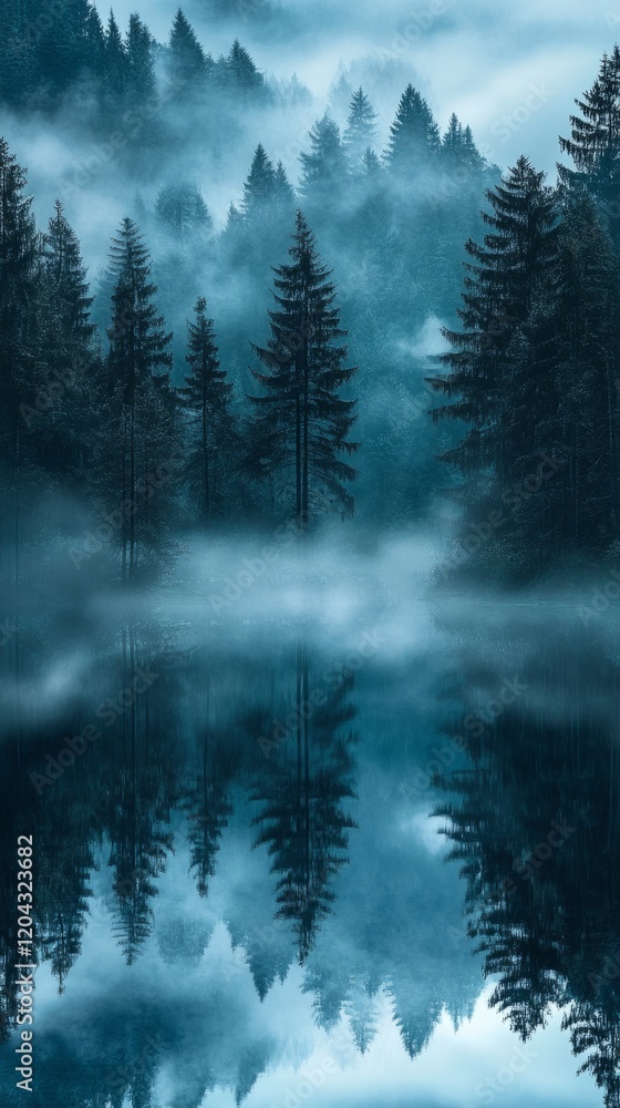 Aufkleber coniferous forest reflecting in a calm lake covered by fog at dawn, creating a mystical atmosphere