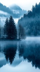 Fototapeta premium Serene landscape featuring pine trees reflected in a misty lake, with fog rolling through a tranquil forest
