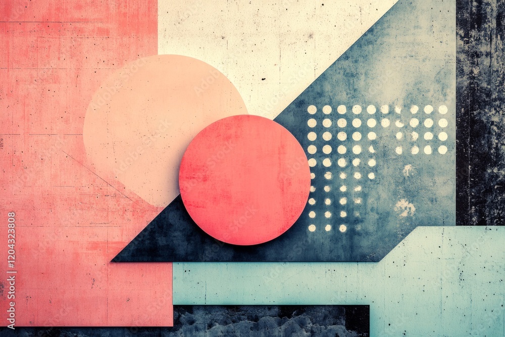 Poster modern abstract design featuring colorful geometric shapes and textures on a concrete wall, creating