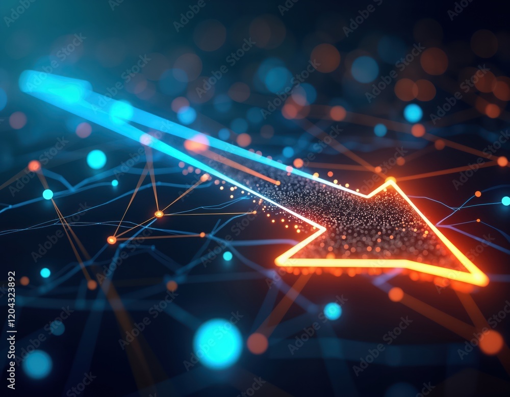 Fototapete Futuristic arrow points downward. Neon network structure shows tech direction. AI generated illustration represents future digital data flow. Abstract triangular shapes with glowing lines. Dynamic,