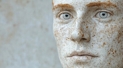 Close-up portrait of a person with freckles and light eyes.