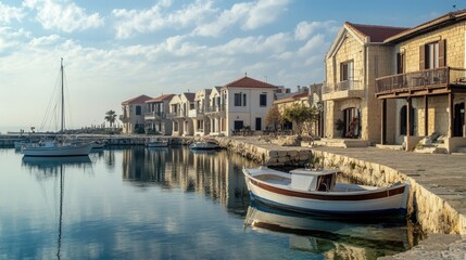 Obraz premium Serene Cyprus Coast: A Lazy Morning by the Harbor with Boats and Yachts Along the Promenade
