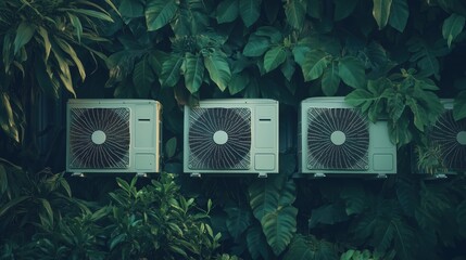Air conditioning units sit amidst a backdrop of flourishing plants and greenery, capturing the contrast between urban comforts and nature’s growth.