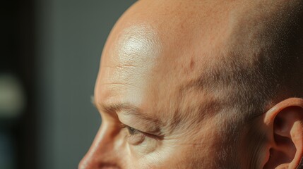Obraz premium A close-up of a middle-aged Caucasian man's bald head, subtly highlighting the thinning hair that marks the passage of time.