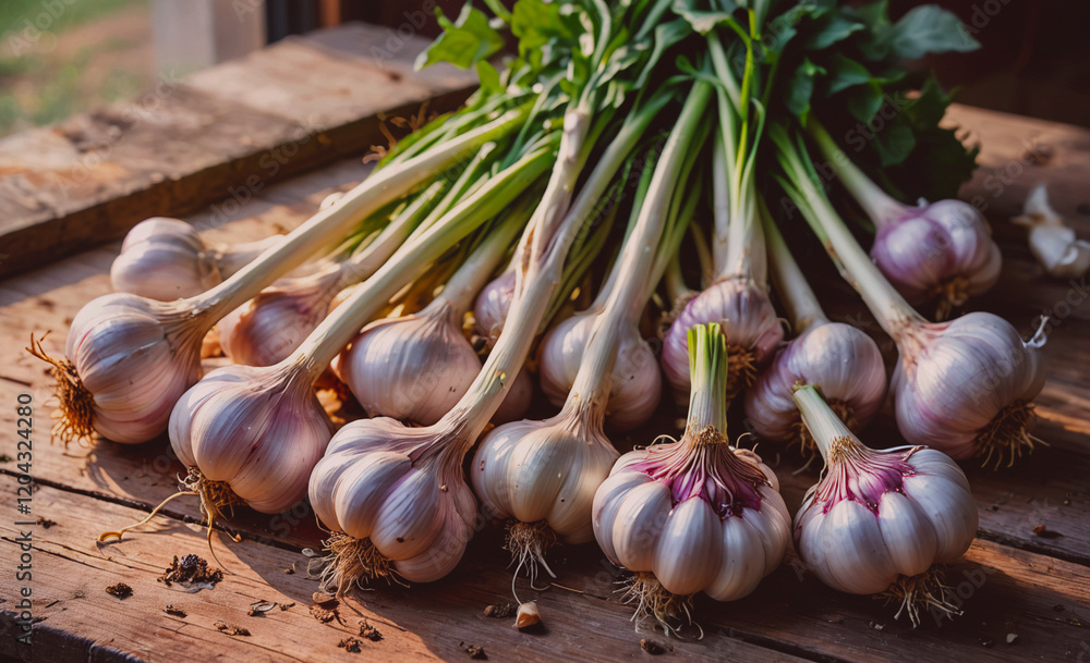 Poster A bunch of garlic bulbs are on a wooden table. The bulbs are all different sizes and are arranged in a way that they are all facing the same direction