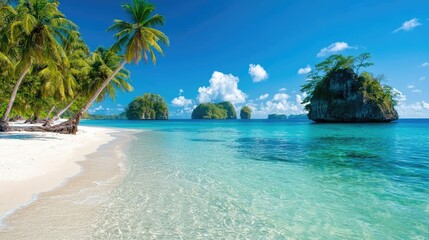 Fototapeta premium Tropical beach paradise, island view, azure water, palm trees, vacation getaway