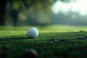 Obraz premium Detailed Close-Up of a Golf Ball Resting on Lush Green Turf with Soft Focus Background