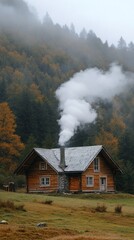 Fototapeta premium Smoke rising from chimney of cozy wooden cabin in beautiful misty autumn mountain landscape