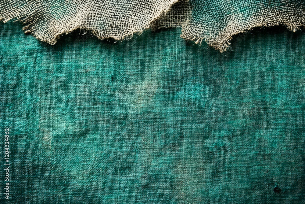 Poster frayed edges of burlap cloth hanging over teal green linen creating a rustic textured background