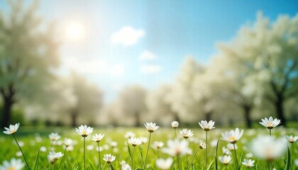 Fototapeta premium Springtime scene in park with blooming flowers. Sunny day with white flowers, trees. Fresh green grass. Beautiful landscape background. Perfect for relaxation. Ideal for nature lovers. Picturesque