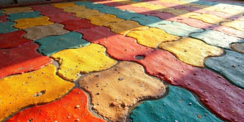 Vibrant multicolored paving stones create a sun-dappled, interlocking pattern on a walkway surface