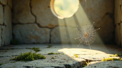 A delicate spiderweb hangs suspended in a sunlit stone alcove, casting intricate shadows on the weathered paving stones below.