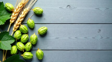 Rustic Wooden Background with Fresh Hops and Wheat Stalks, Ideal for Brewing and Agriculture Themes