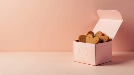 Pink heart-shaped box overflowing with delicious heart-shaped cookies, a sweet gesture of affection