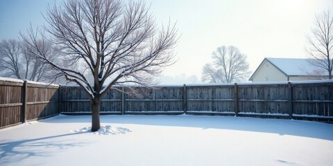Winter Serenity A Snow-Covered Backyard Enclosed by a Wooden Fence and a Solitary Tree