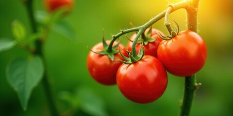 A cluster of ripe red tomatoes growing on a vine, bathed in warm sunlight, showcasing the vibrant colors and textures of fresh produce from a garden.