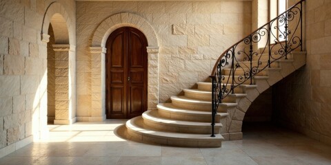 Elegant stone staircase with ornate metal railing and arched doorway in a sunlit hallway