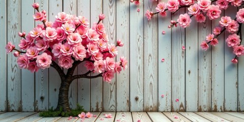 A Delicate Arrangement of Pink Blossoms Against a Weathered Wooden Background, Evoking a Sense of Tranquility and Springtime Renewal