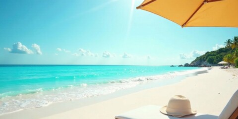 Serene Coastal Paradise Sun-Drenched Beach, Gentle Waves, and Tranquil Ocean Views Under a Shade Umbrella
