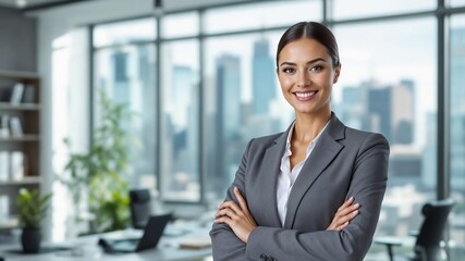 Confident business woman smiling in modern office, professional success