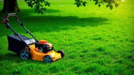 A vibrant orange lawnmower rests on a lush green lawn, bathed in sunlight; a symbol of spring upkeep and outdoor maintenance