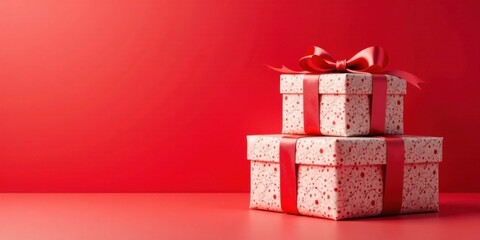 Two elegantly wrapped presents with red ribbons, sitting on a vibrant red surface, symbolize thoughtful gifting and festive occasions.