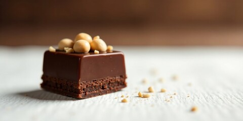 A delectable chocolate dessert, elegantly adorned with creamy nut clusters, rests on a pristine white surface.