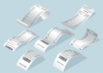 Payment check and receipts with shadows. Set of curved financial paper, purchase invoice. Buying, bill or calculate pay. Receipt the seller forms